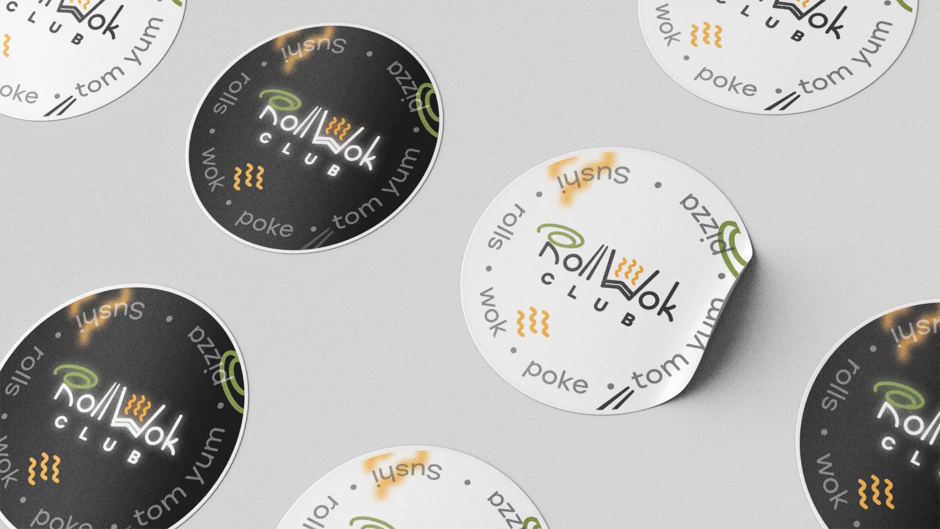 Разработка дизайна наклеек для суши-бара «Roll Wok Club» в Бокситогорске
